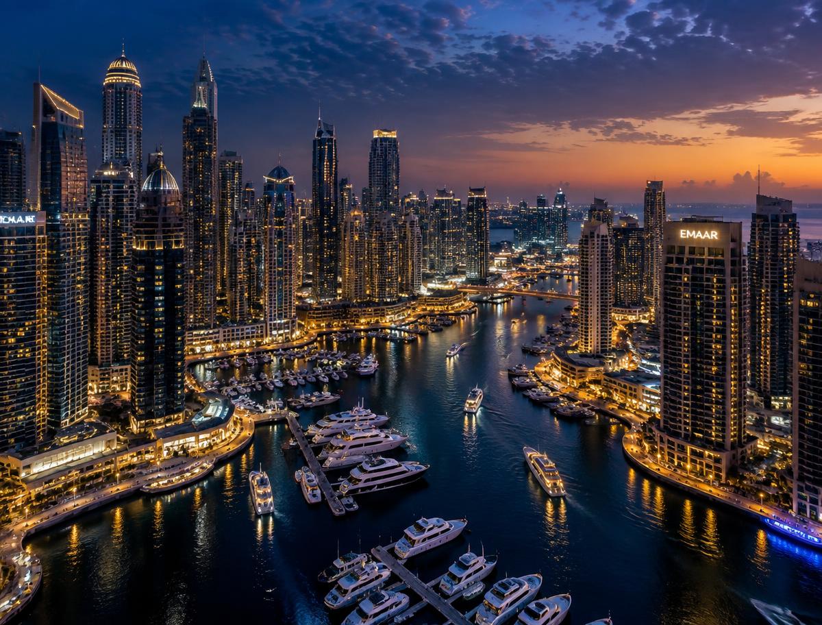 Dubai Marina illuminée à la tombée de la nuit