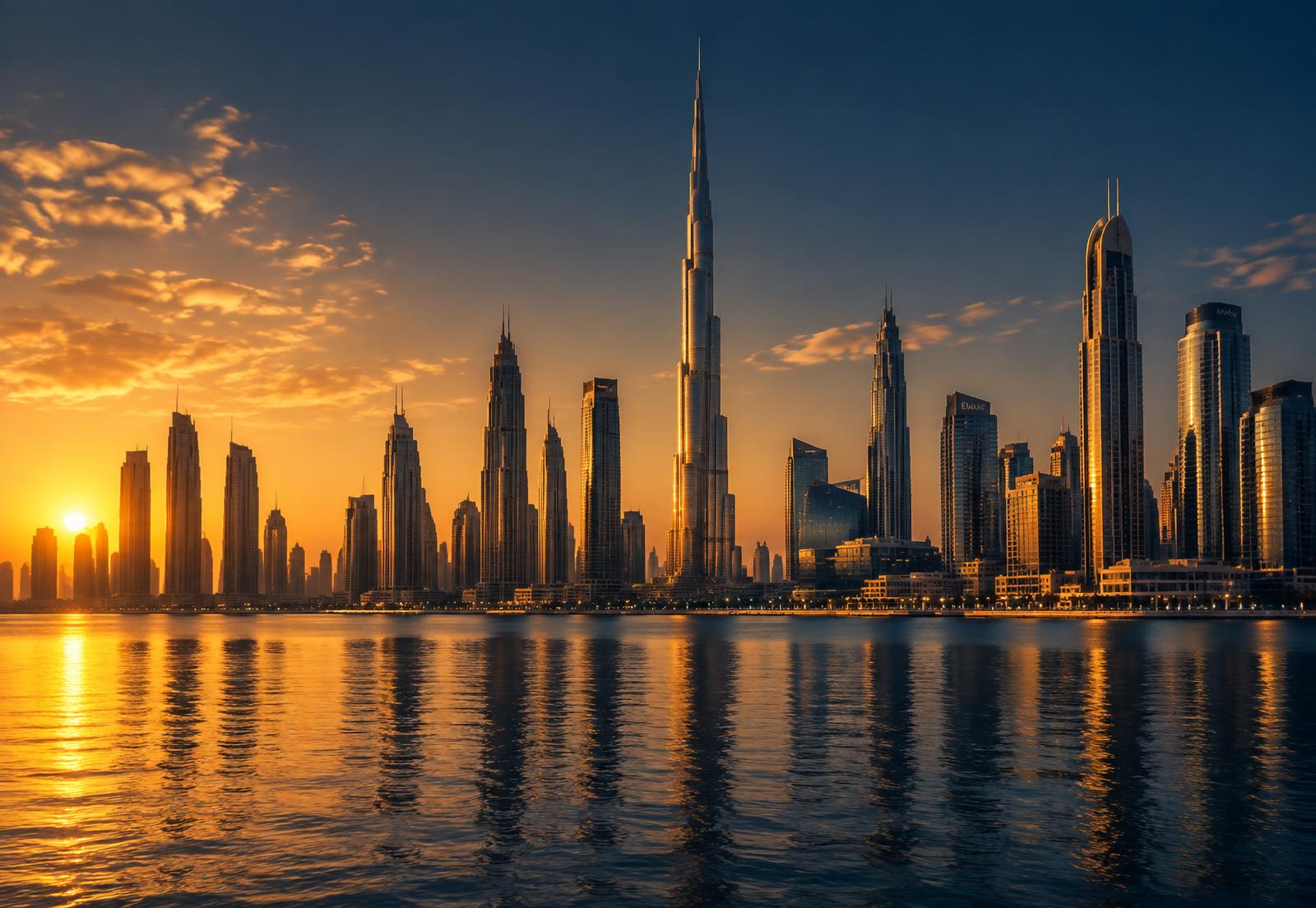 Les tours du centre de Dubaï au coucher du soleil, reflétées dans l'eau