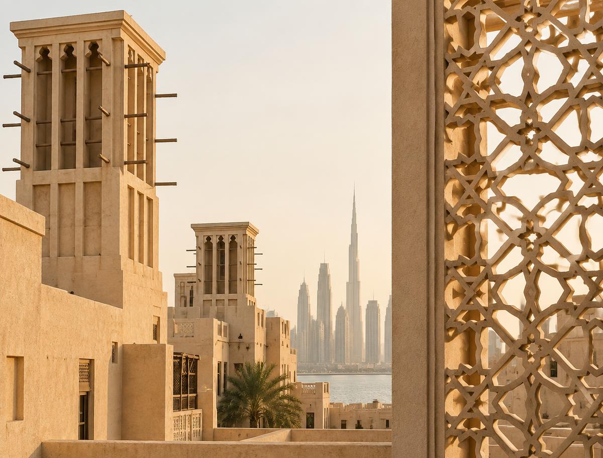 Tours à vent traditionnelles de Dubaï avec la skyline moderne en arrière-plan
